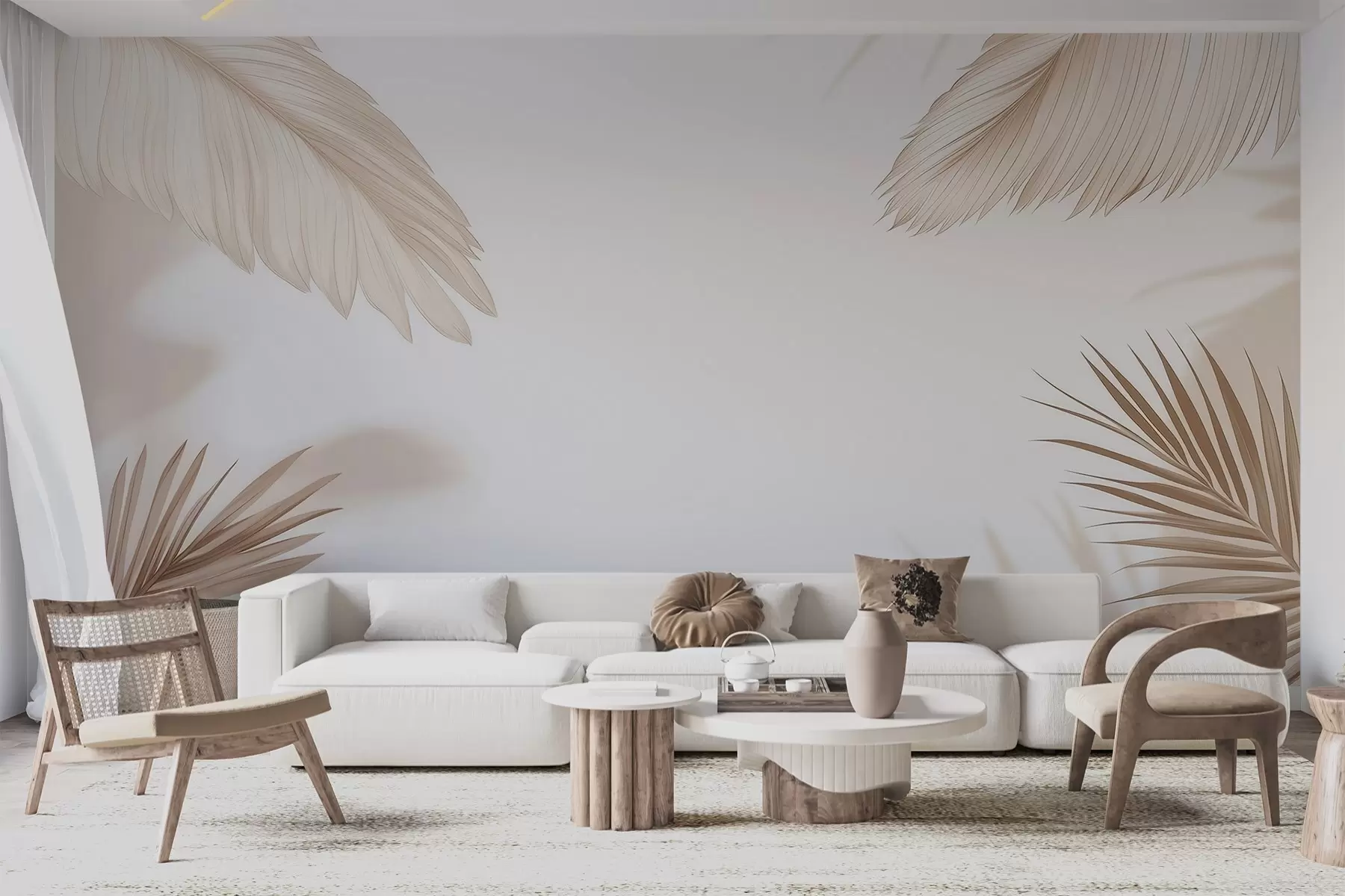 murales de pared Decoración tropical en tonos beige con siluetas de hojas de palmera y sombras suaves w09714