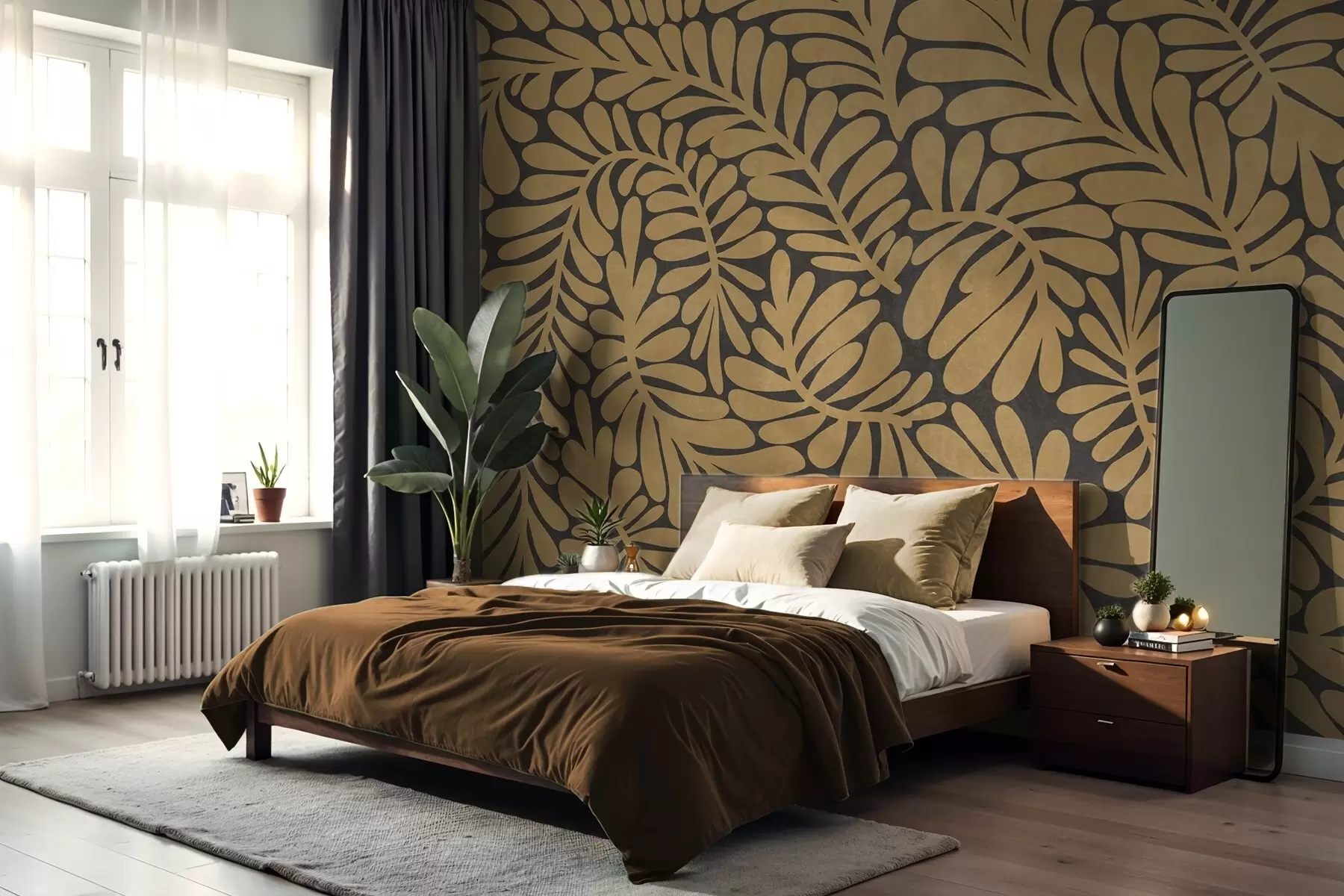 murales de pared Hojas de color amarillo mostaza estilizadas sobre un fondo gris oscuro, obra de arte con textura w09775