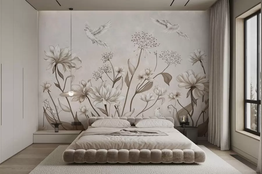 murales de pared Flores claras y pájaros sobre un fondo suave w05118