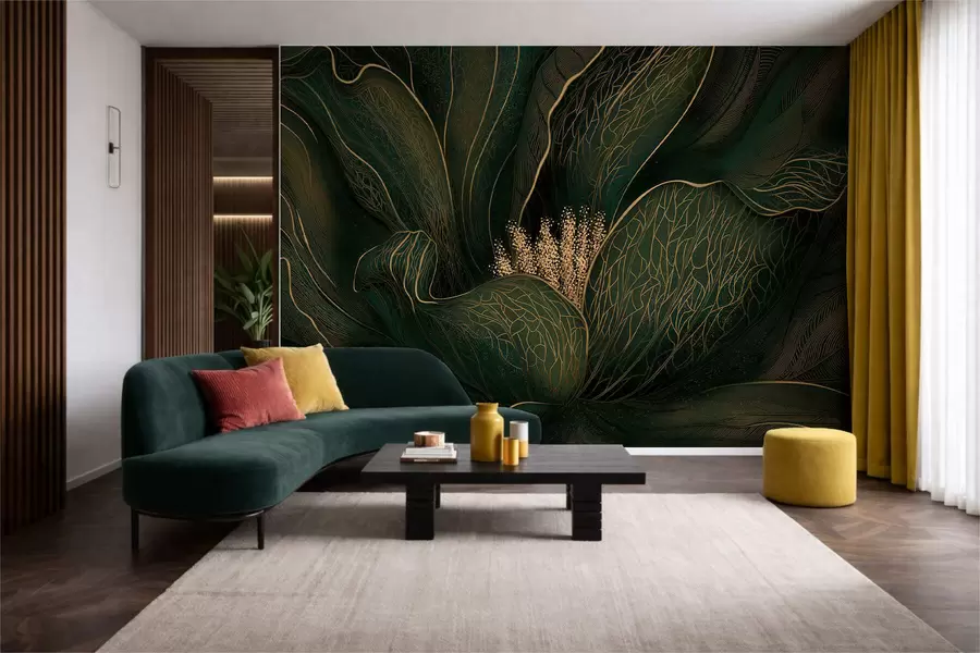 murales de pared Flor abstracta de color verde oscuro con detalles de líneas finas w05119v1