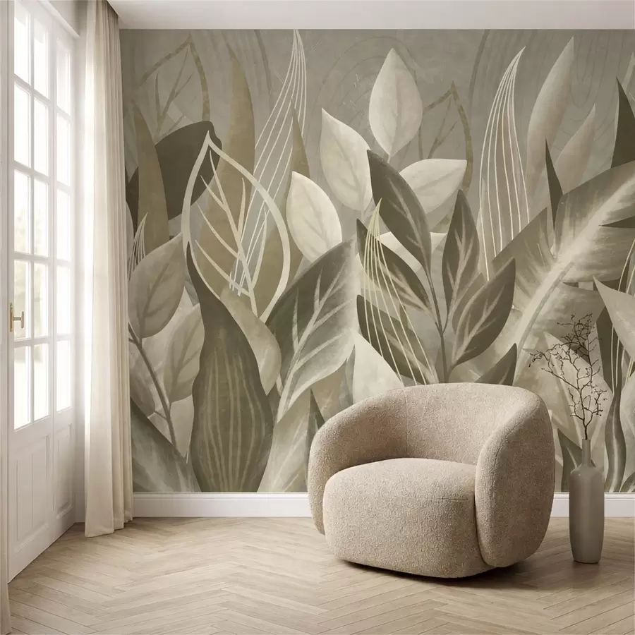 murales de pared Hojas abstractas en tonos beige y verde w05148