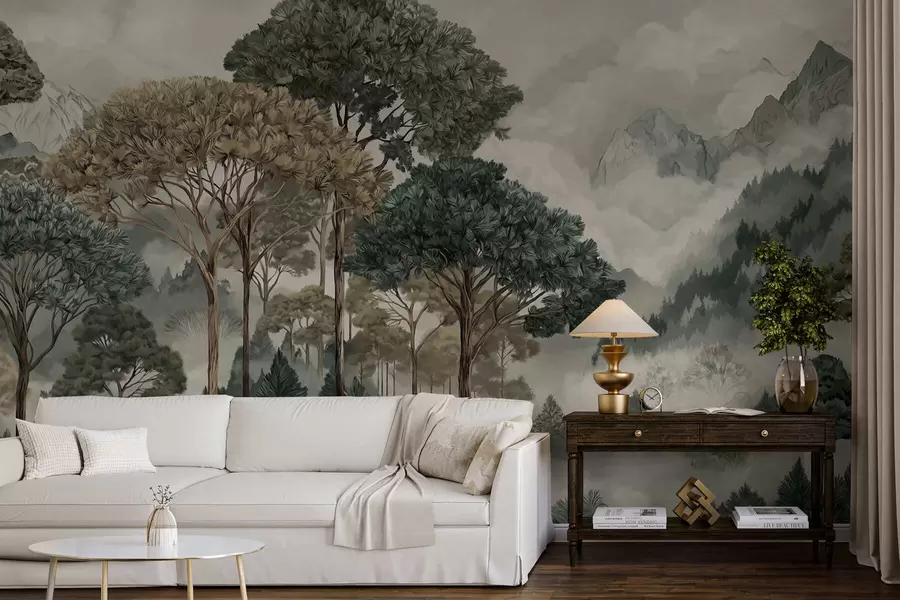 murales de pared Paisaje montañoso con bosque en tonos suaves w05410v1