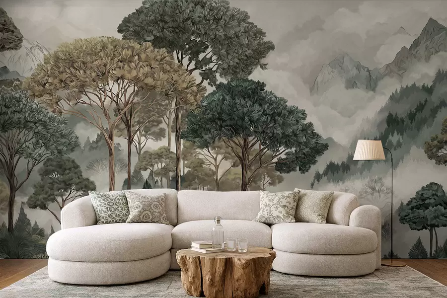 murales de pared Paisaje montañoso con bosque en tonos suaves w05410v1