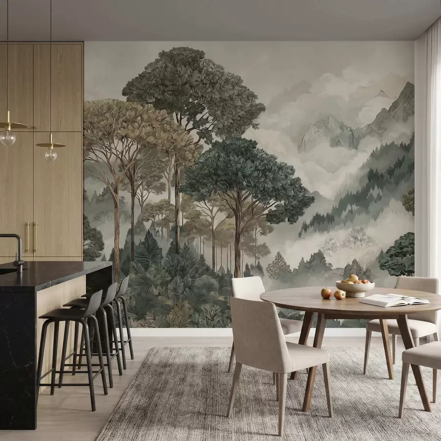 murales de pared Paisaje montañoso con bosque en tonos suaves w05410v1