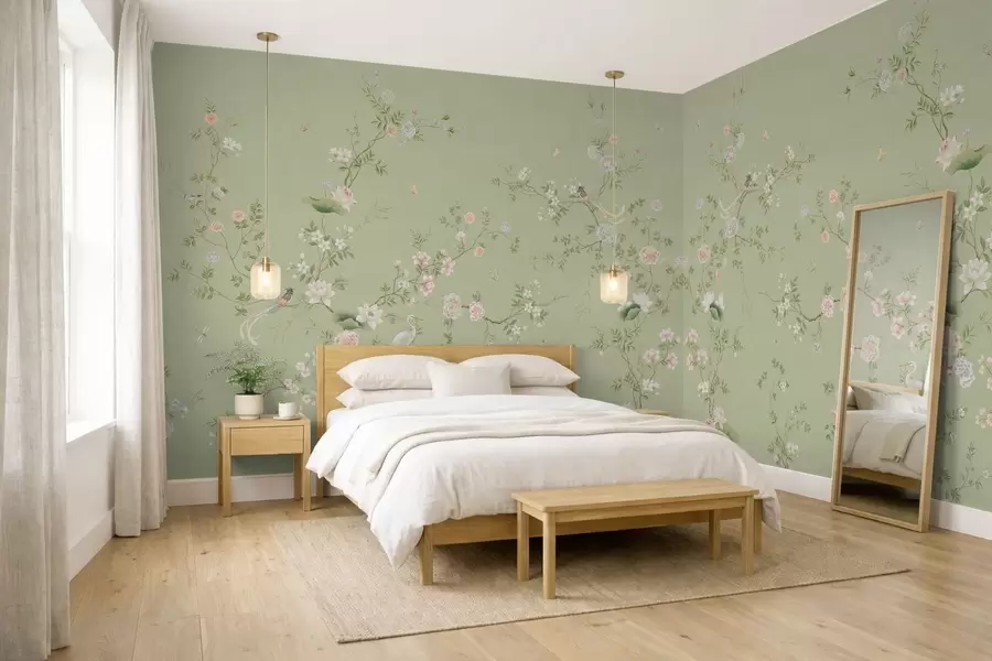 murales de pared Ramas en flor con pájaros sobre un fondo verde claro w05416