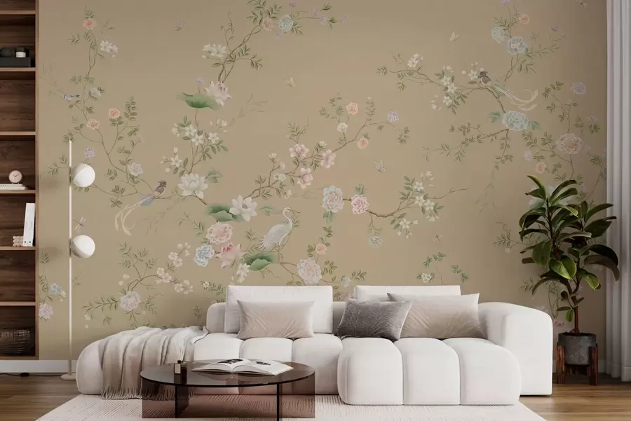 murales de pared Ramas en flor con pájaros sobre un fondo beige cálido w05416v2
