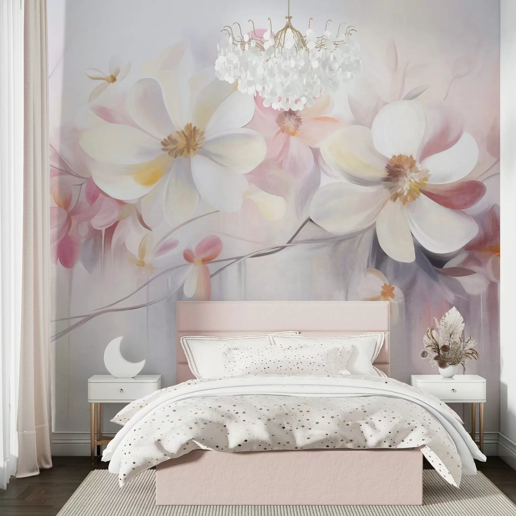 murales de pared Arte texturizado con flores blancas y rosas de pétalos delicados, fondo abstracto y suave w09811