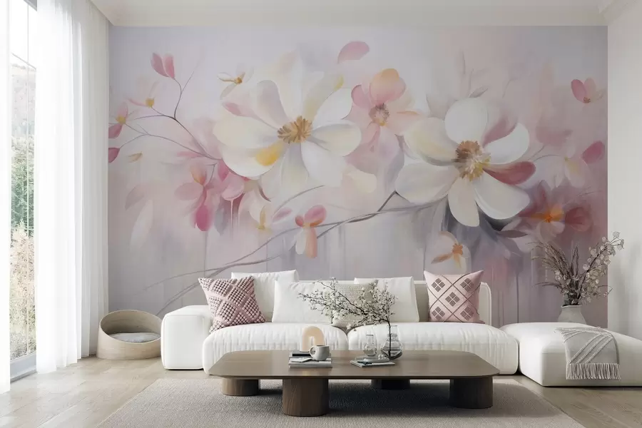 murales de pared Arte texturizado con flores blancas y rosas de pétalos delicados, fondo abstracto y suave w09811
