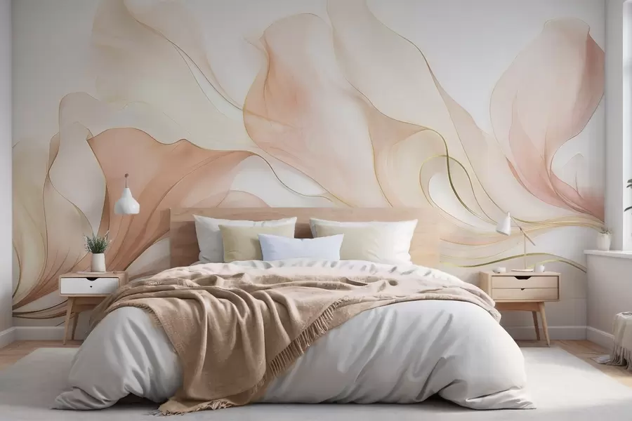murales de pared Textura fluida y abstracta en tonos melocotón y crema con líneas delicadas w09815