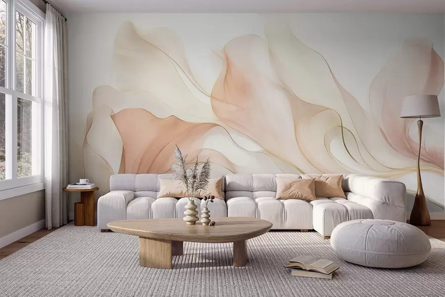 murales de pared Textura fluida y abstracta en tonos melocotón y crema con líneas delicadas w09815