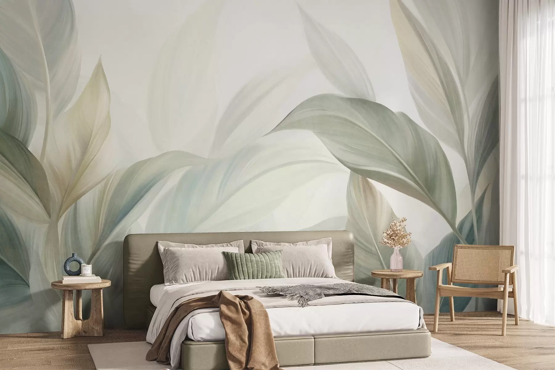 murales de pared Hojas tropicales grandes de color verde pálido con tonos suaves y pasteles, obra de arte con textura w09816
