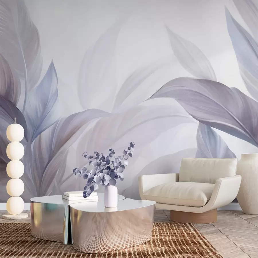 murales de pared Hojas tropicales grandes, de color azul pálido y violeta, con tonos suaves y pasteles, y una textura artística w09816v1