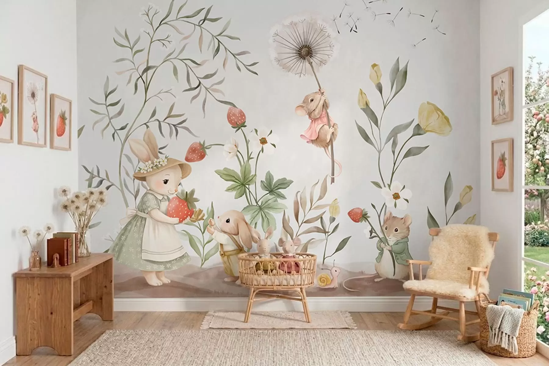 murales de pared Ilustración infantil de un conejito y un ratoncito entre plantas y flores w05422