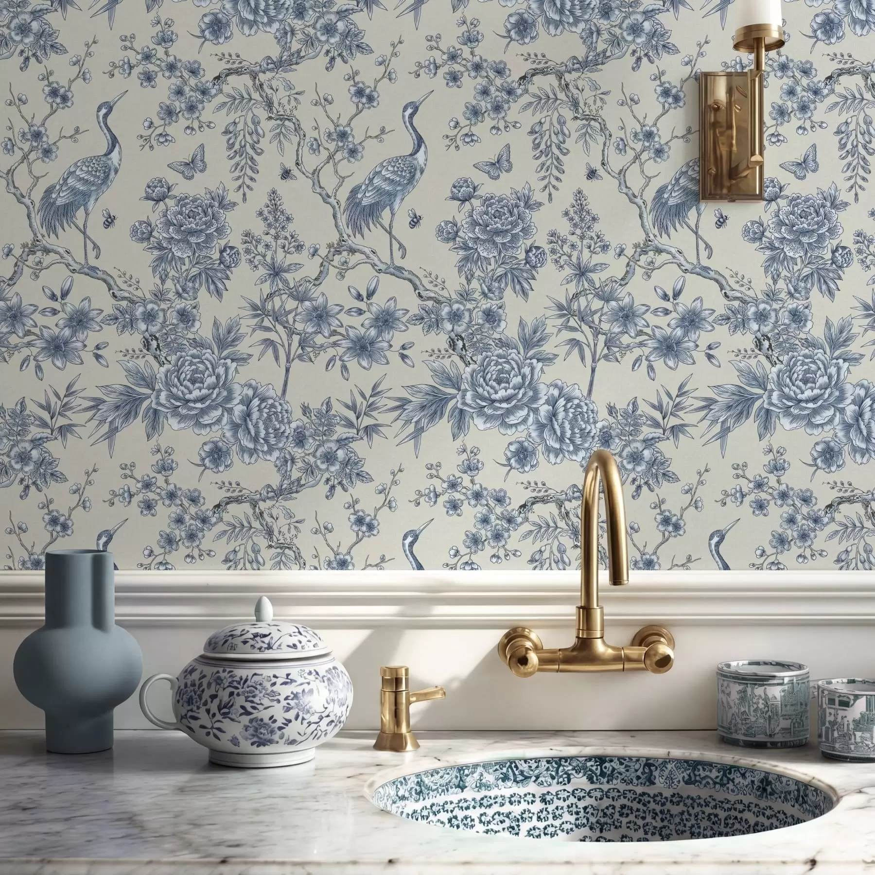 murales de pared Adorno floral azul con un pájaro y ramas a01132