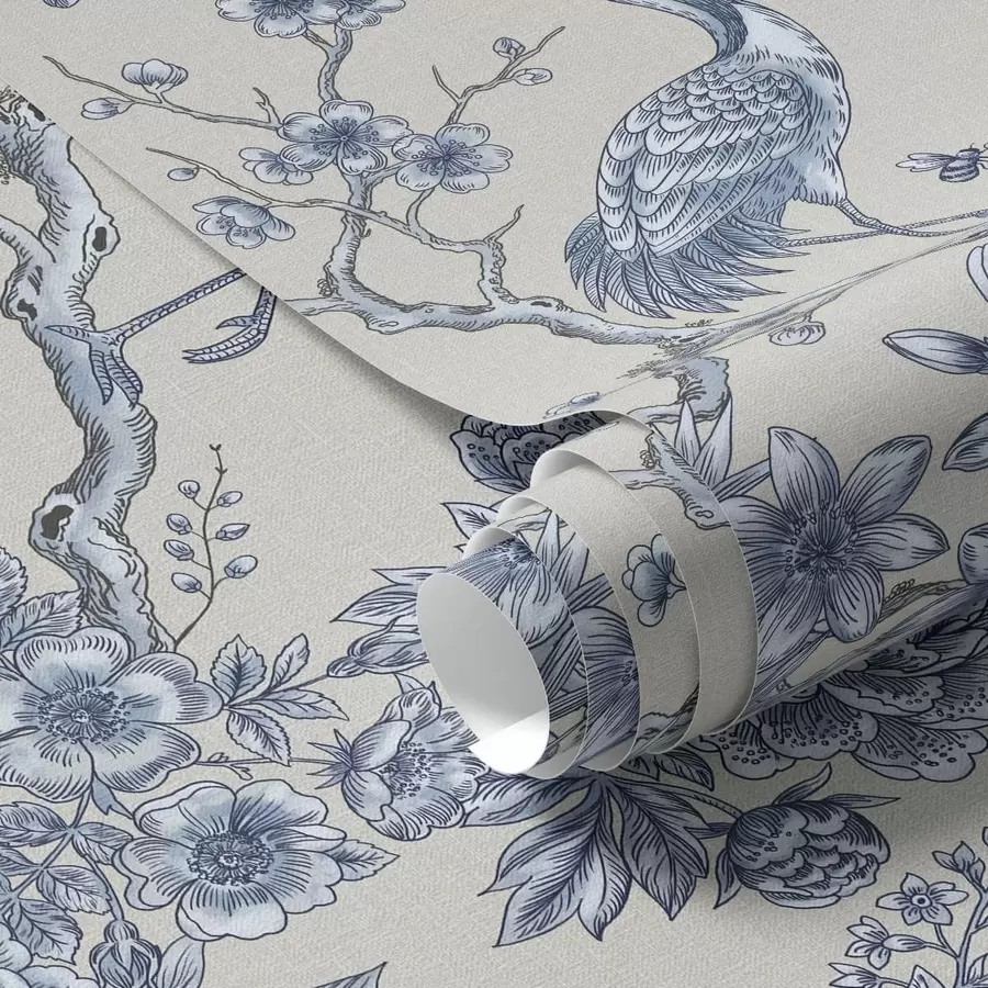 murales de pared Adorno floral azul con un pájaro y ramas a01132