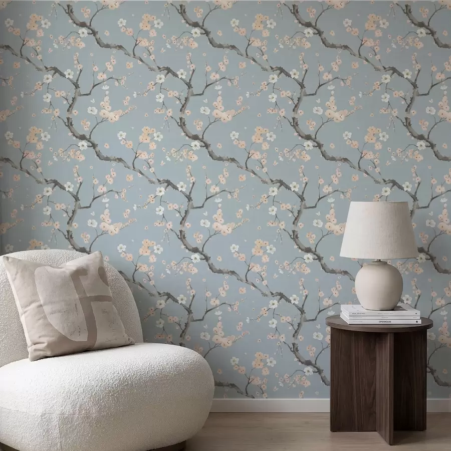 murales de pared Ramas con flores sobre fondo azul a01155