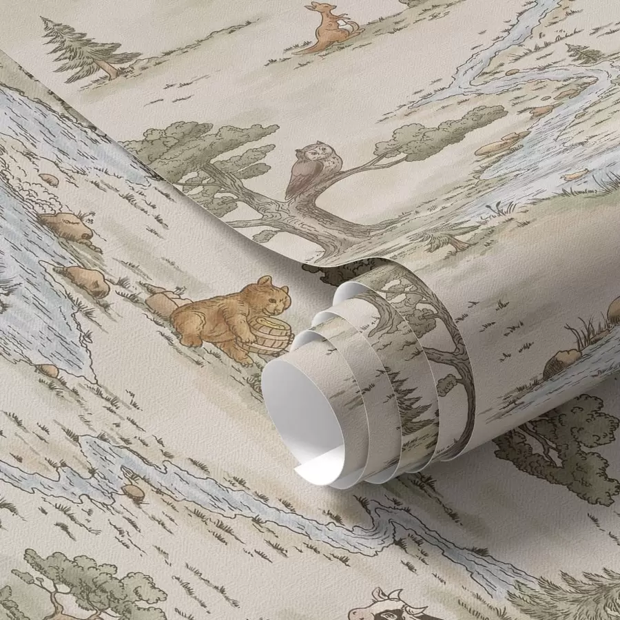 murales de pared Ilustración de la naturaleza con animales y un río a01157