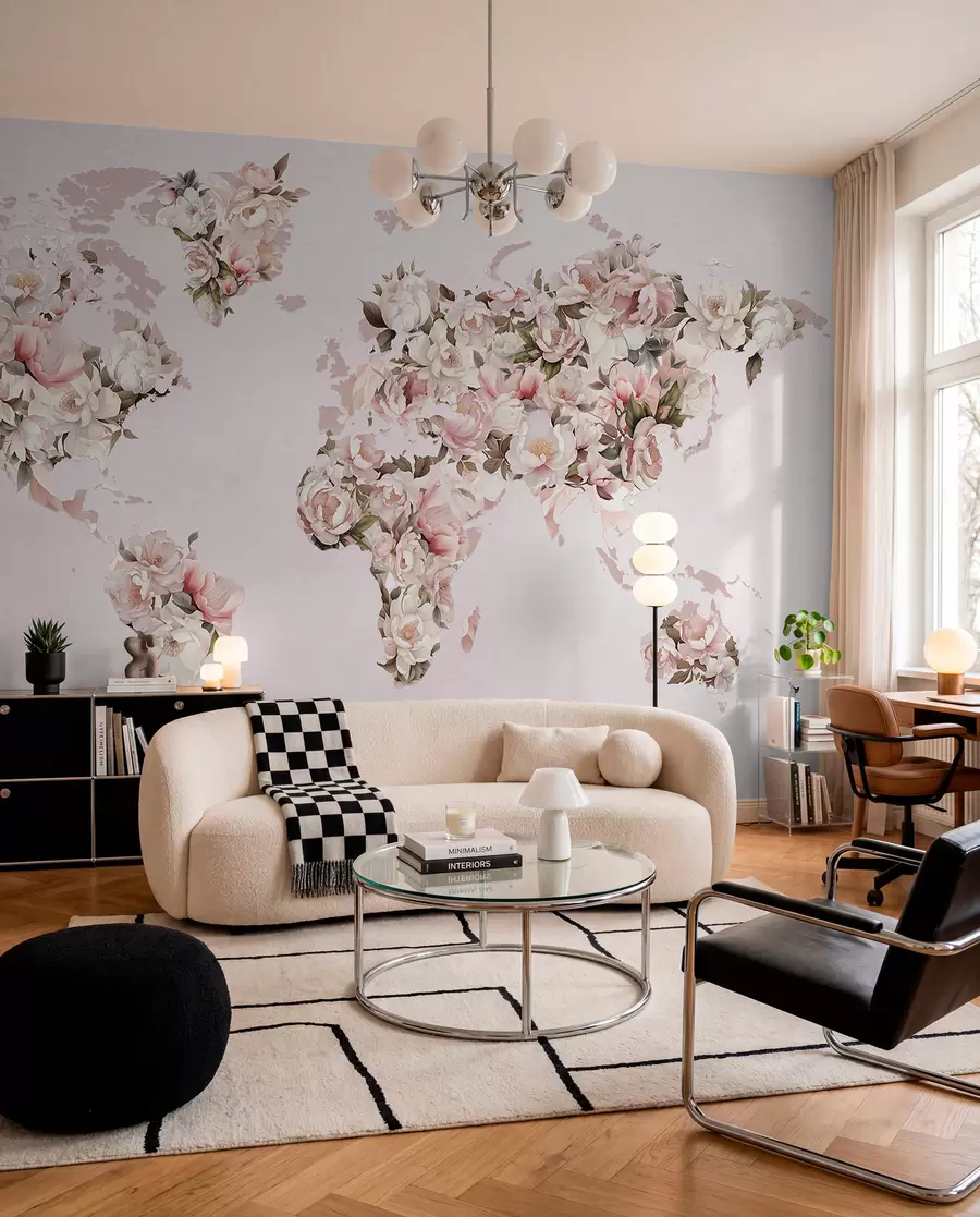 murales de pared Un mapamundi rosa compuesto por grandes peonías blancas y rosas c00005