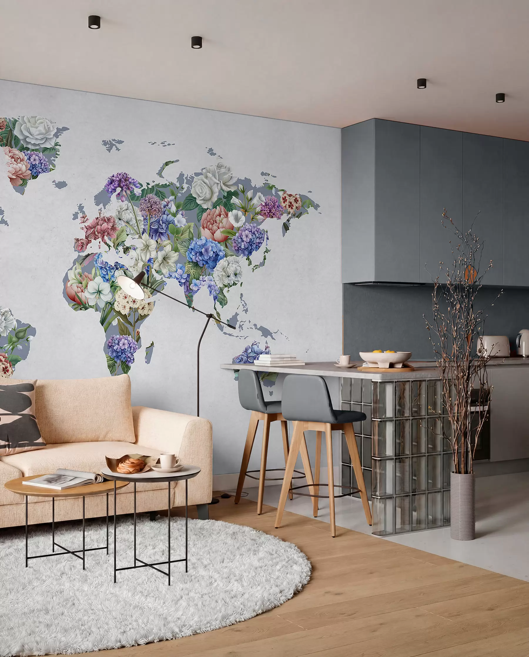 murales de pared Un colorido mapa del mundo elaborado con una gran variedad de flores de vivos colores c00006