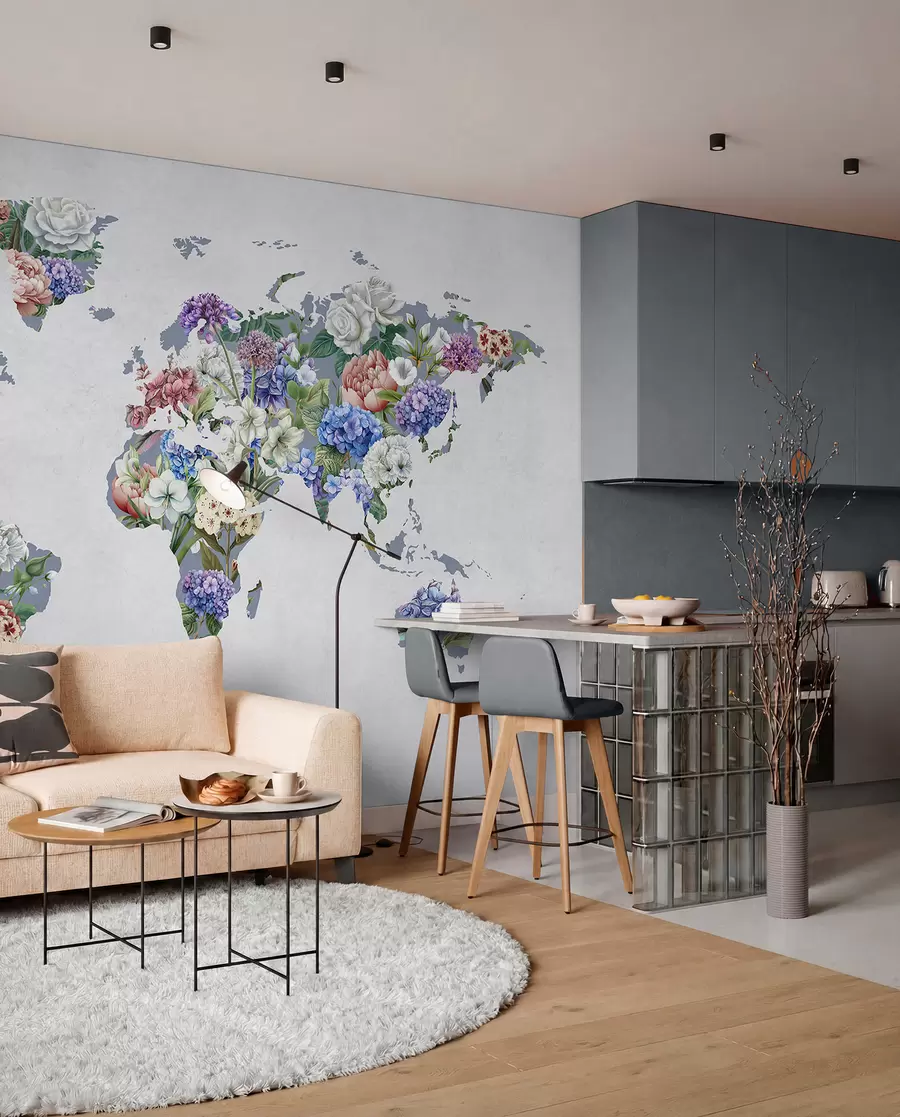 murales de pared Un colorido mapa del mundo elaborado con una gran variedad de flores de vivos colores c00006
