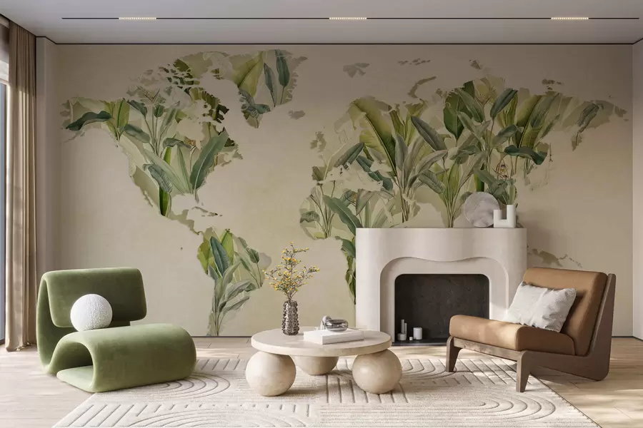 murales de pared Un mapa verde del mundo hecho con hojas de plátano c00007
