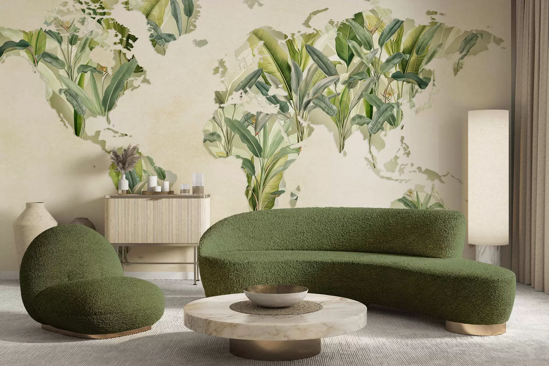 murales de pared Un mapa verde del mundo hecho con hojas de plátano c00007
