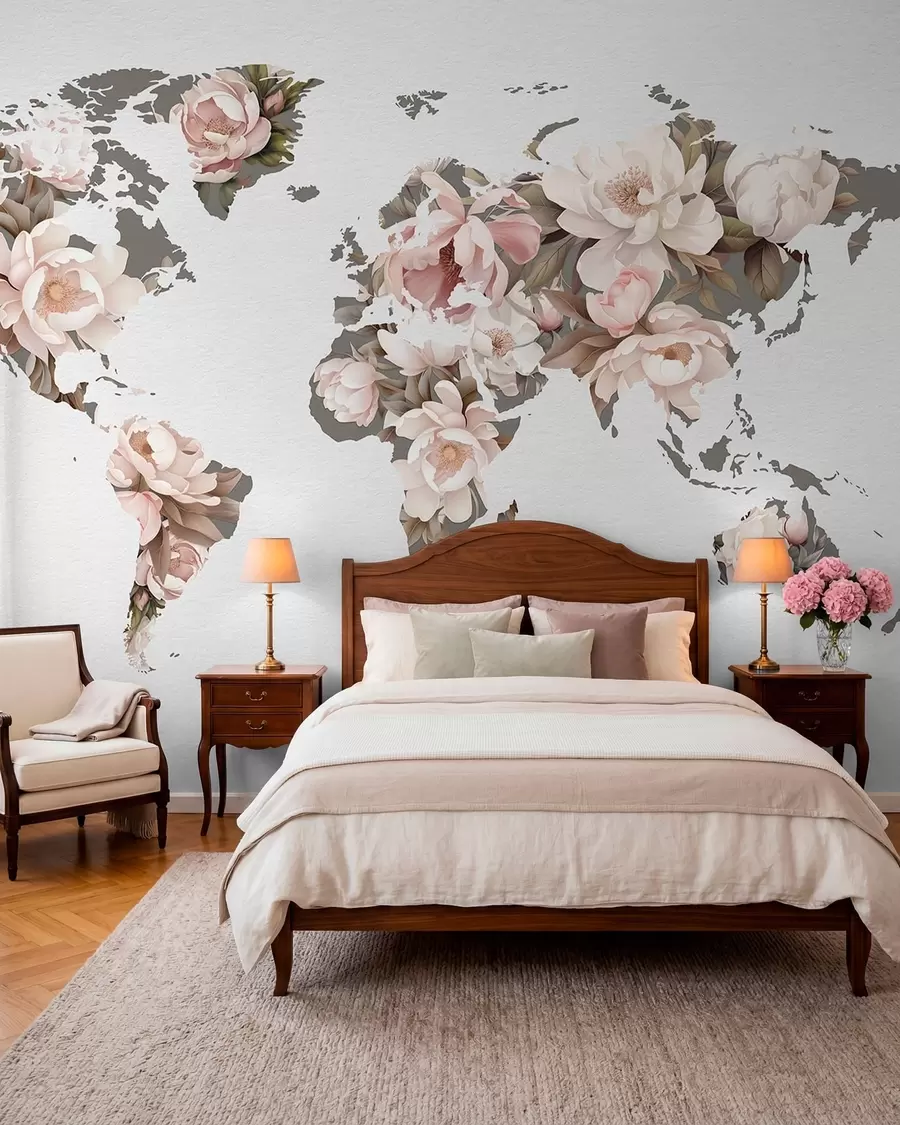 murales de pared Un delicado y cremoso mapamundi hecho con flores c00008