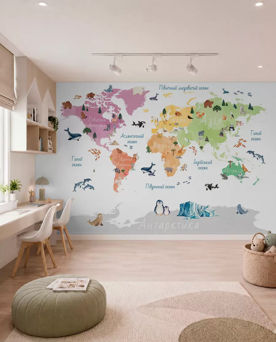 murales de pared Un mapa a color con estilo de acuarela en el que aparecen animales, plantas y elementos arquitectónicos. Etiquetas en ucraniano c00009uk