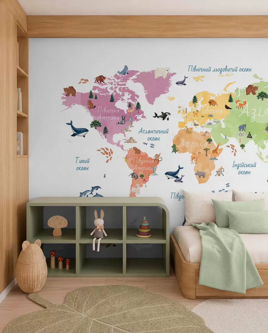 murales de pared Un mapa a color con estilo de acuarela en el que aparecen animales, plantas y elementos arquitectónicos. Etiquetas en ucraniano c00009uk