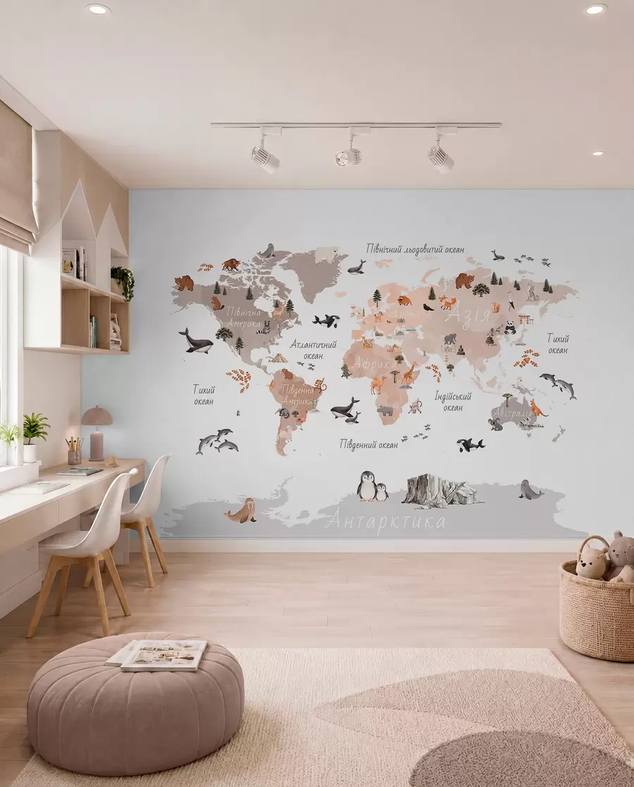 murales de pared Un mapa en tonos beige, con un estilo de acuarela, en el que aparecen animales, plantas y elementos arquitectónicos. Rótulos en ucraniano. c00009ukv3