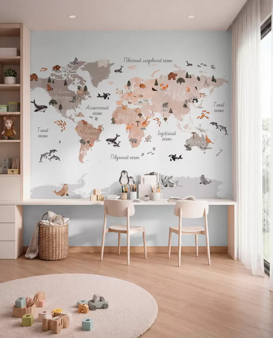 murales de pared Un mapa en tonos beige, con un estilo de acuarela, en el que aparecen animales, plantas y elementos arquitectónicos. Rótulos en ucraniano. c00009ukv3