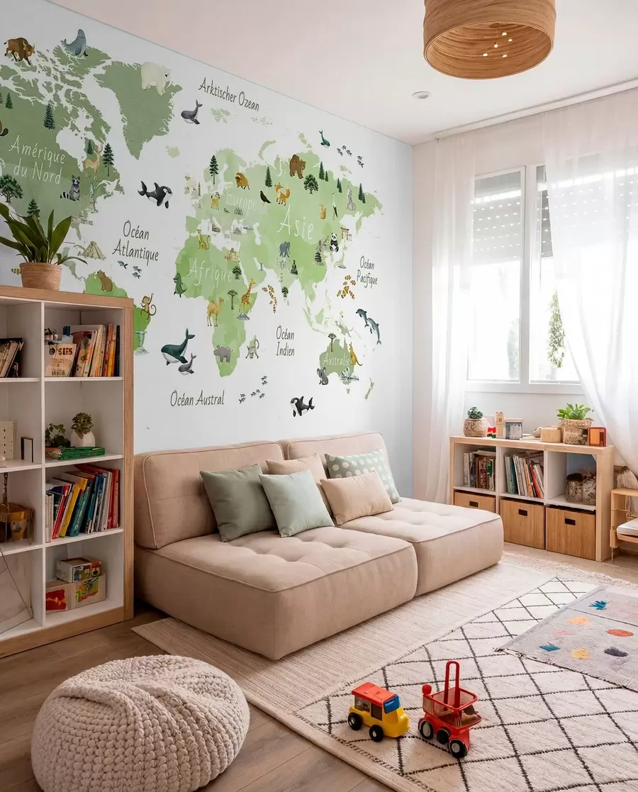murales de pared Un mapa de Green en estilo acuarela con animales, plantas y arquitectura. Etiquetas en francés c00009frv2