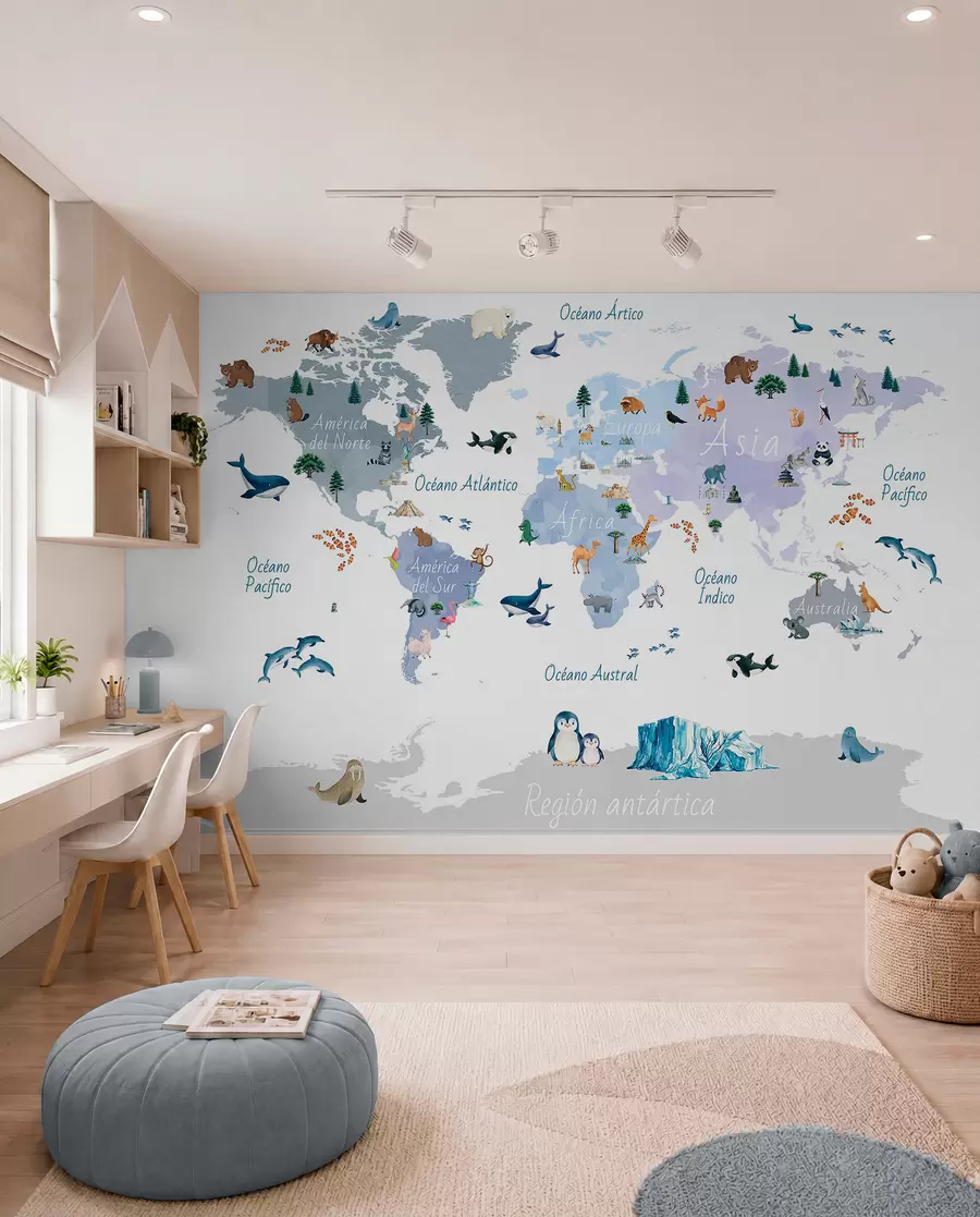 murales de pared Un mapa azul de estilo acuarela en el que aparecen animales, plantas y elementos arquitectónicos. Etiquetas en español c00009esv1