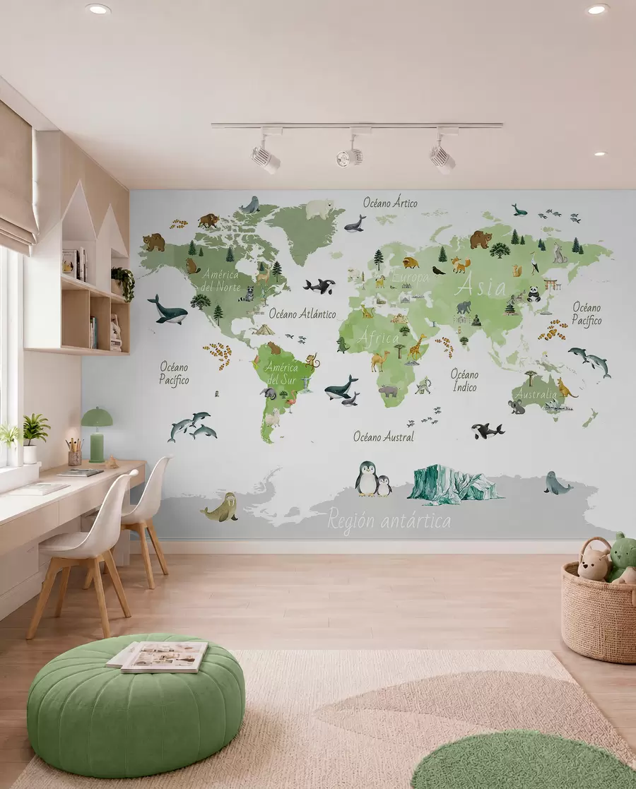 murales de pared Un mapa de Green en estilo acuarela con animales, plantas y arquitectura. Etiquetas en español c00009esv2