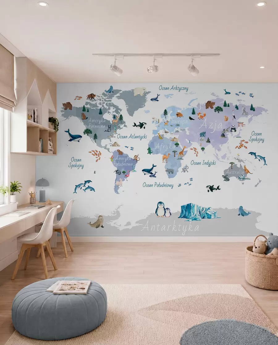 murales de pared Un mapa azul de estilo acuarela en el que aparecen animales, plantas y elementos arquitectónicos. Rótulos en polaco c00009plv1