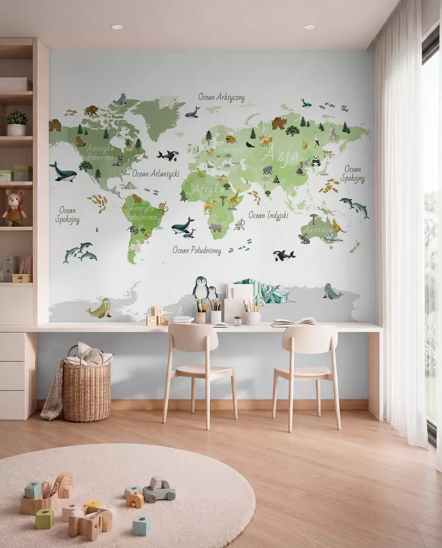 murales de pared Un mapa de Green en estilo acuarela con animales, plantas y arquitectura. Etiquetas en polaco c00009plv2
