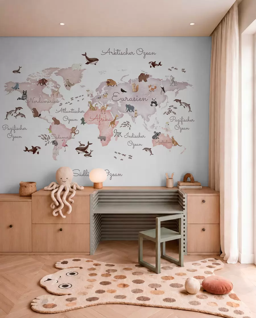 murales de pared Un mapa en tonos beige, con un estilo de acuarela, en el que aparecen animales. Rótulos en alemán c00012dev3