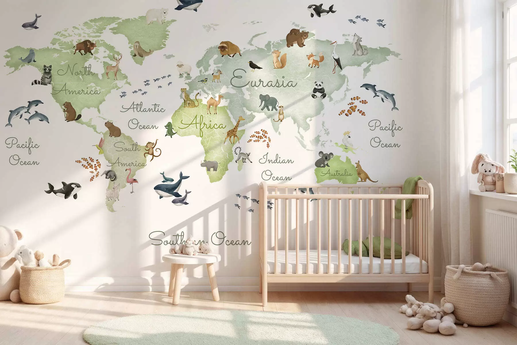 murales de pared Un mapa verde con estilo de acuarela en el que aparecen animales. Etiquetas en inglés c00012env2