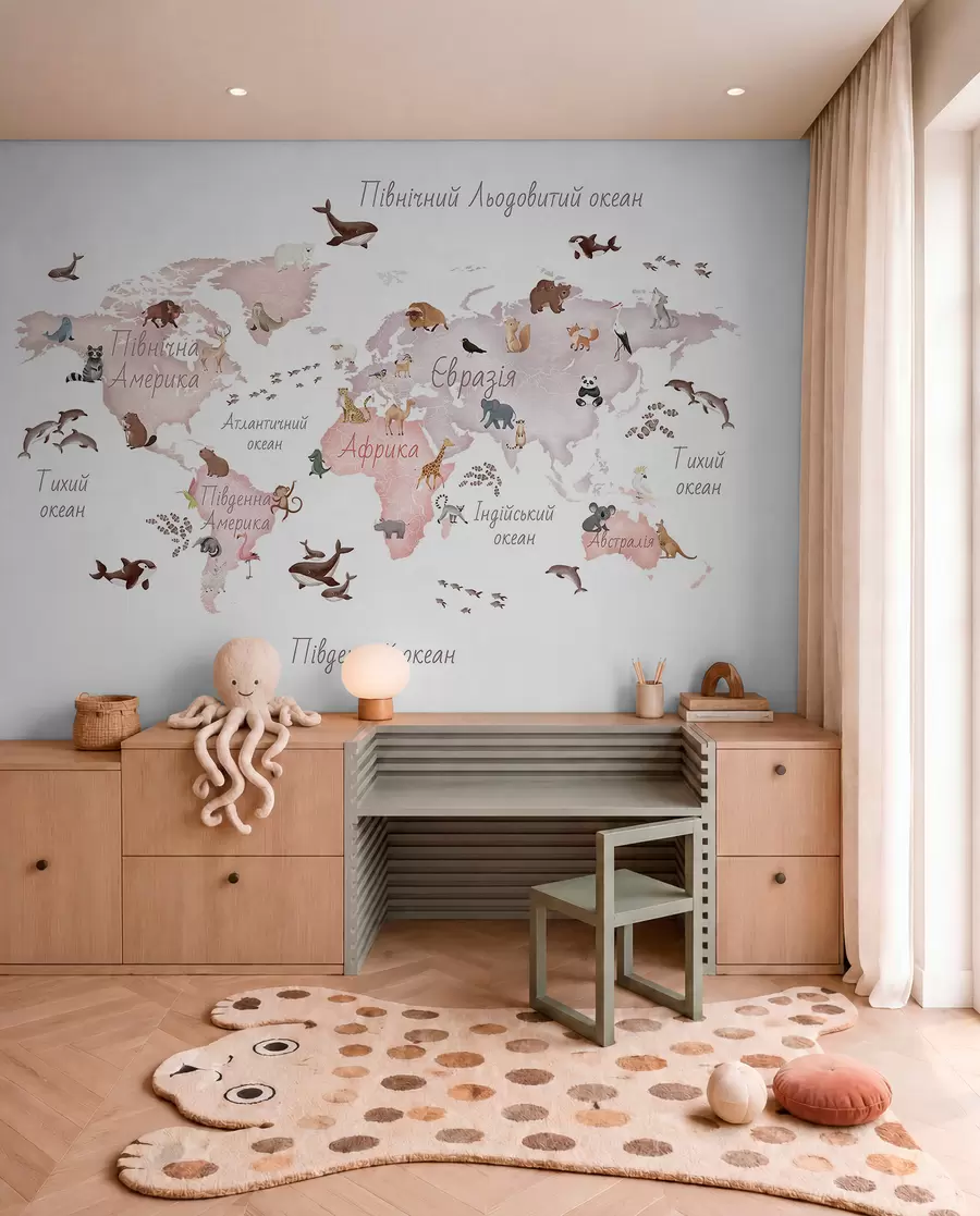 murales de pared Un mapa en tonos beige, con un estilo de acuarela, en el que aparecen animales. Rótulos en ucraniano c00012ukv3