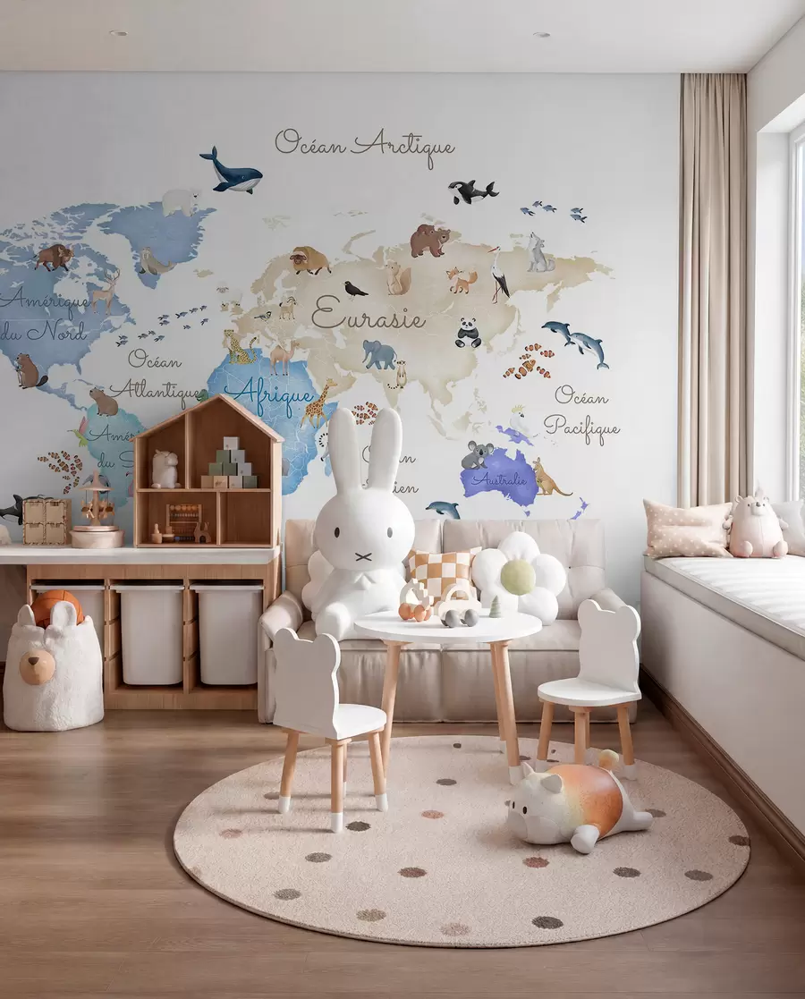 murales de pared Un mapa azul de estilo acuarela con animales. Etiquetas en francés c00012frv1