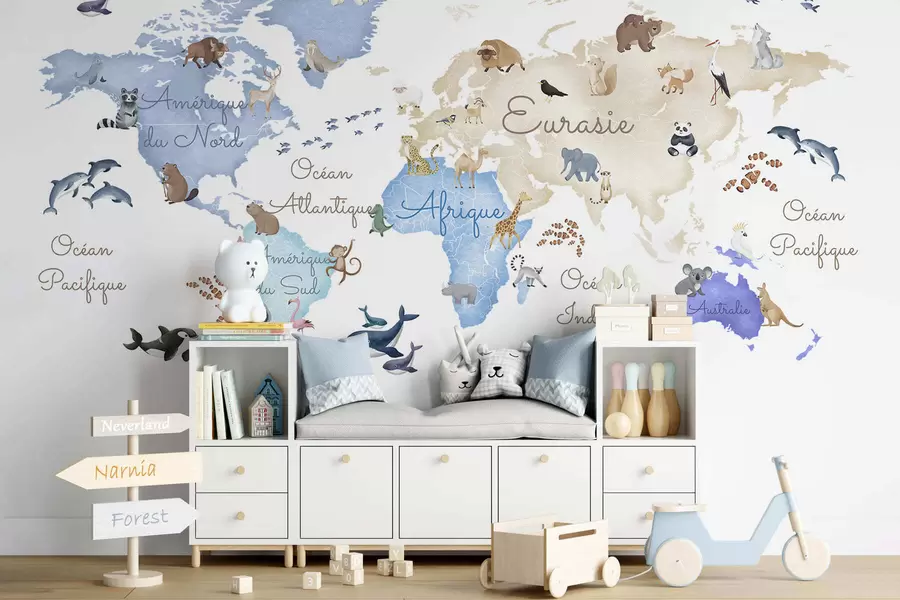 murales de pared Un mapa azul de estilo acuarela con animales. Etiquetas en francés c00012frv1