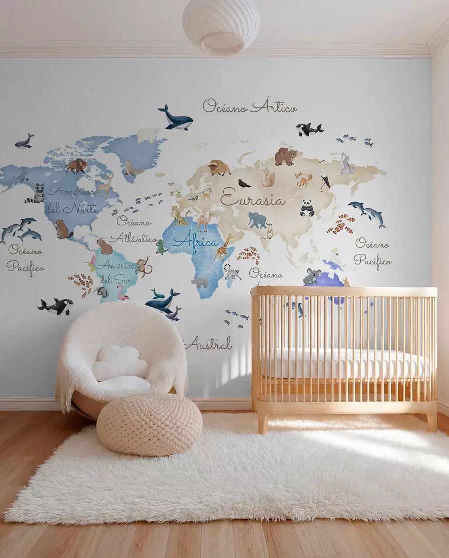 murales de pared Un mapa azul con estilo de acuarela en el que aparecen animales. Etiquetas en español c00012esv1