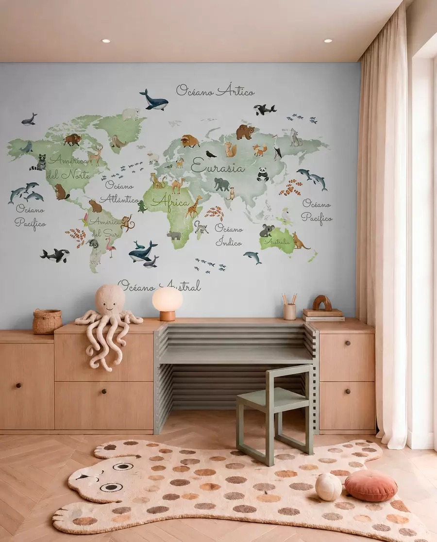 murales de pared Un mapa verde con estilo de acuarela en el que aparecen animales. Etiquetas en español c00012esv2
