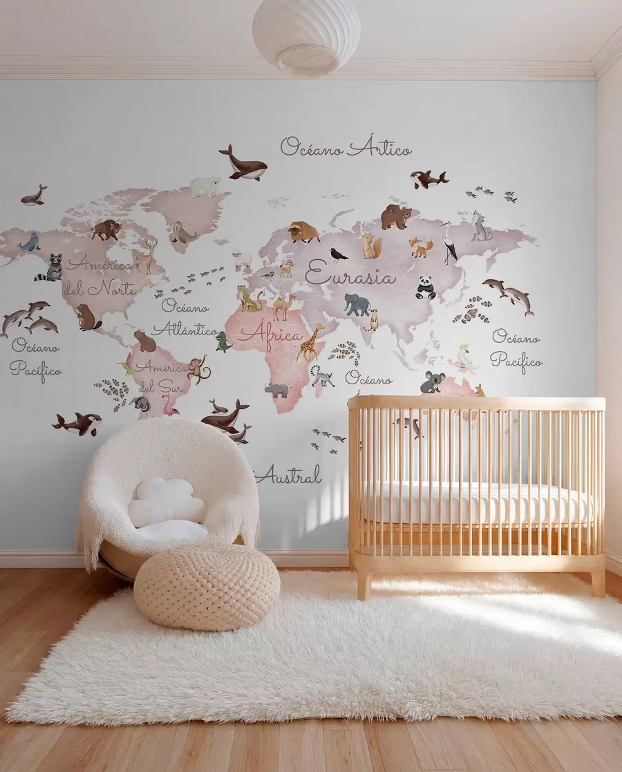 murales de pared Un mapa en tonos beige, con un estilo de acuarela, en el que aparecen animales. Rótulos en español c00012esv3