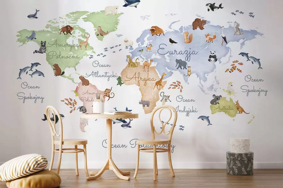 murales de pared Un mapa a color con estilo de acuarela en el que aparecen animales. Etiquetas en polaco c00012pl