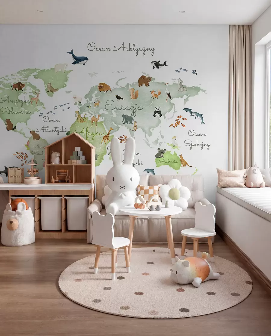 murales de pared Un mapa verde con estilo de acuarela en el que aparecen animales. Rótulos en polaco c00012plv2