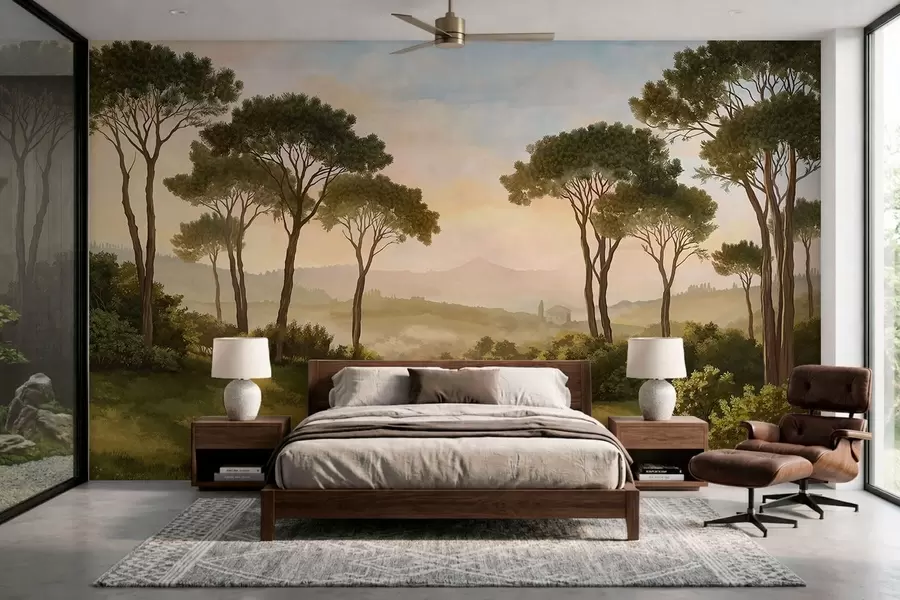 murales de pared Paisaje con árboles bajo la cálida luz del atardecer w05122