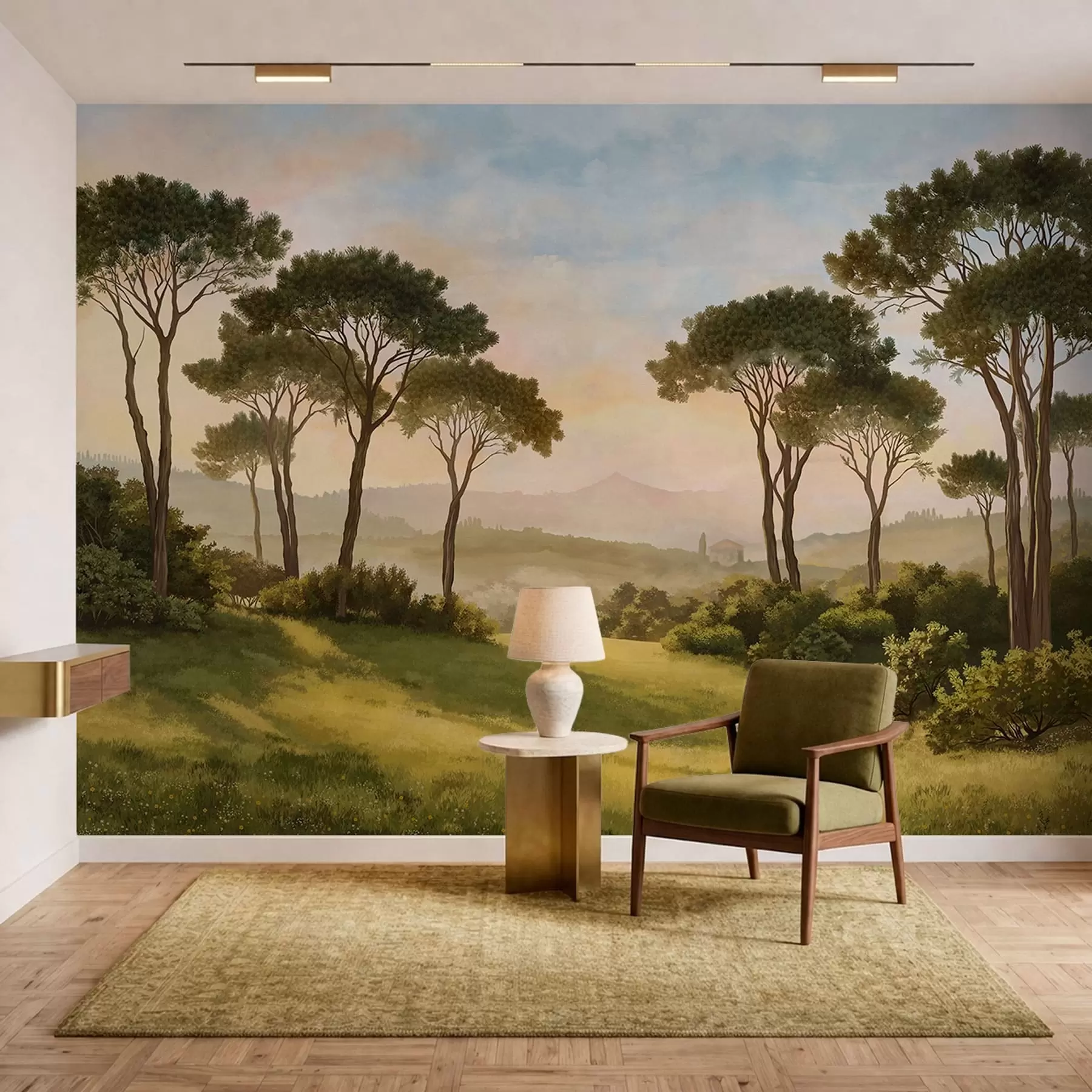 murales de pared Paisaje con árboles bajo la cálida luz del atardecer w05122