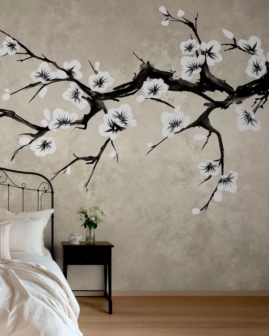 murales de pared Rama con flores blancas en estilo minimalista w05425