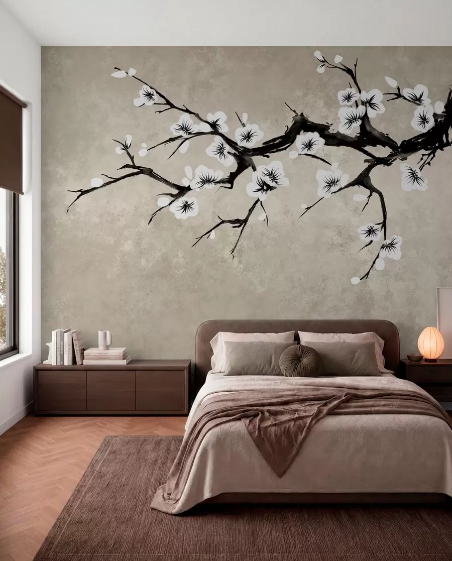 murales de pared Rama con flores blancas en estilo minimalista w05425